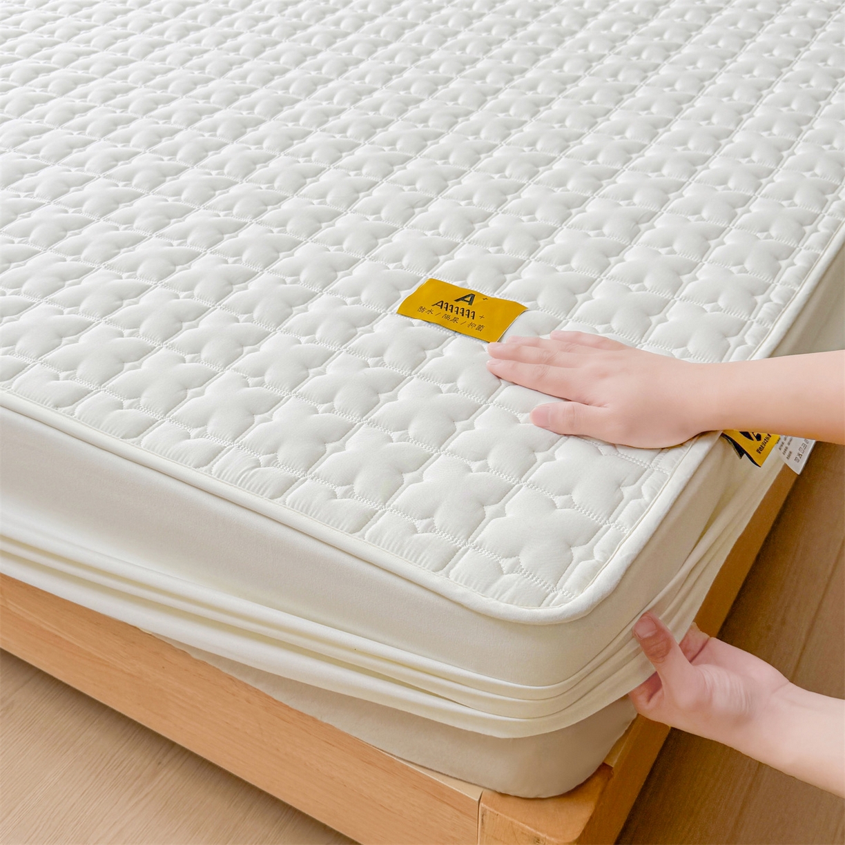 91家纺网 家纺一手货源 找家纺 居眠 2025新款星禾-防水夹棉棉花床笠 星禾-白