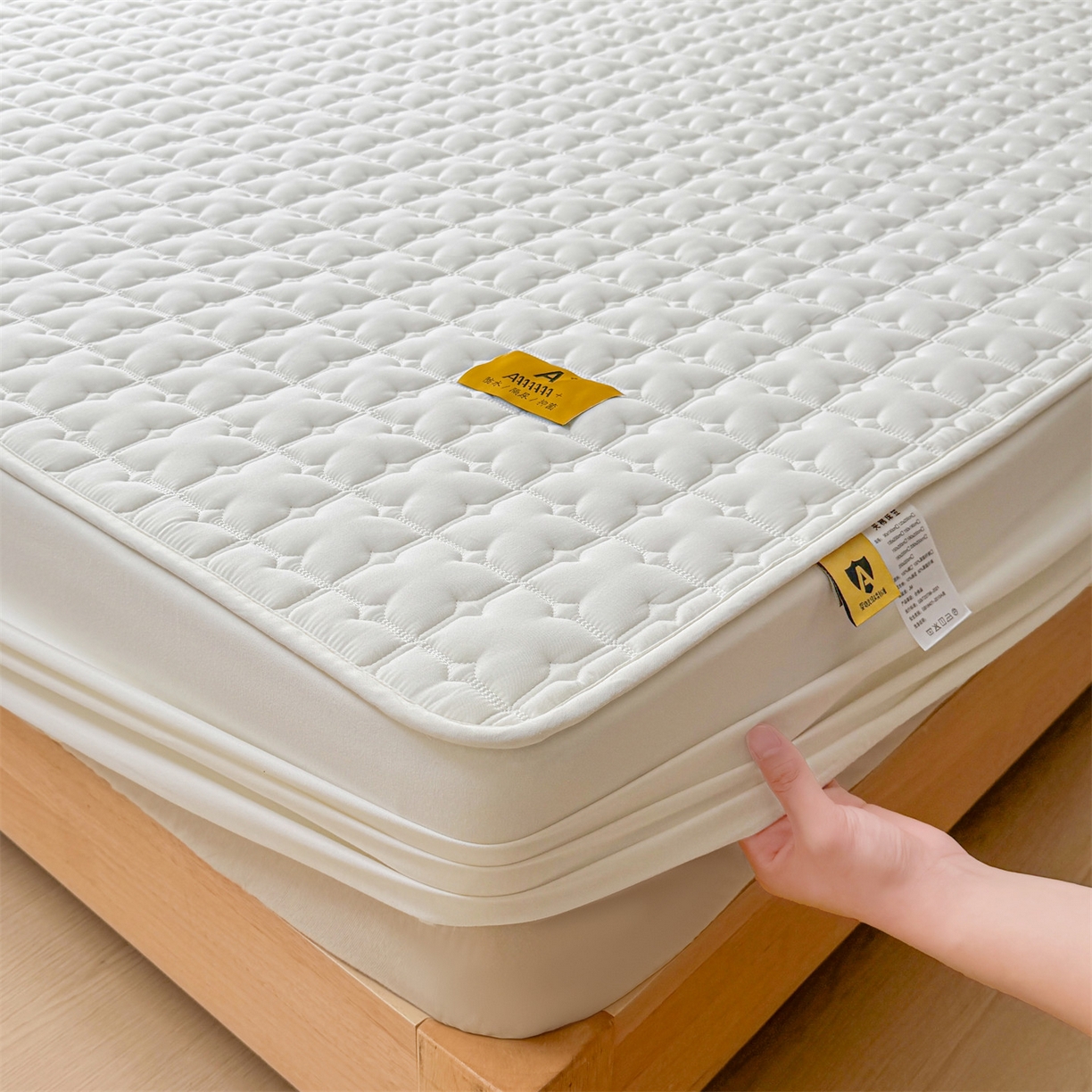 91家纺网 家纺一手货源 找家纺 居眠 2025新款星禾-防水夹棉棉花床笠 星禾-白