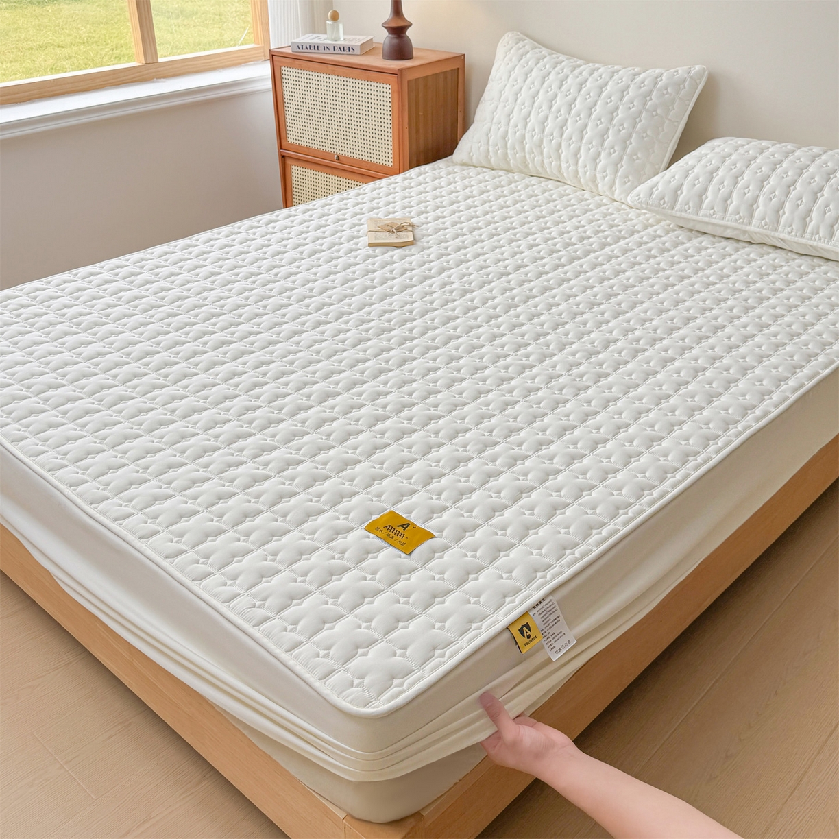 91家纺网 家纺一手货源 找家纺 居眠 2025新款星禾-防水夹棉棉花床笠 星禾-白