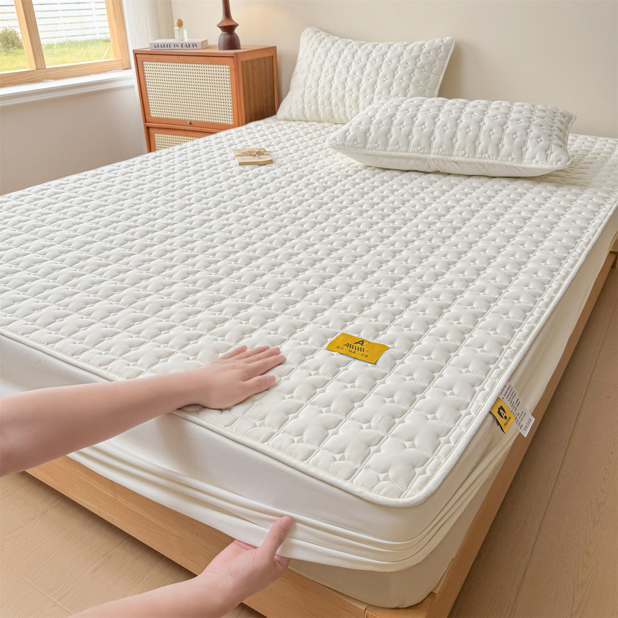 91家纺网 家纺一手货源 找家纺 居眠 2025新款星禾-防水夹棉棉花床笠 星禾-白