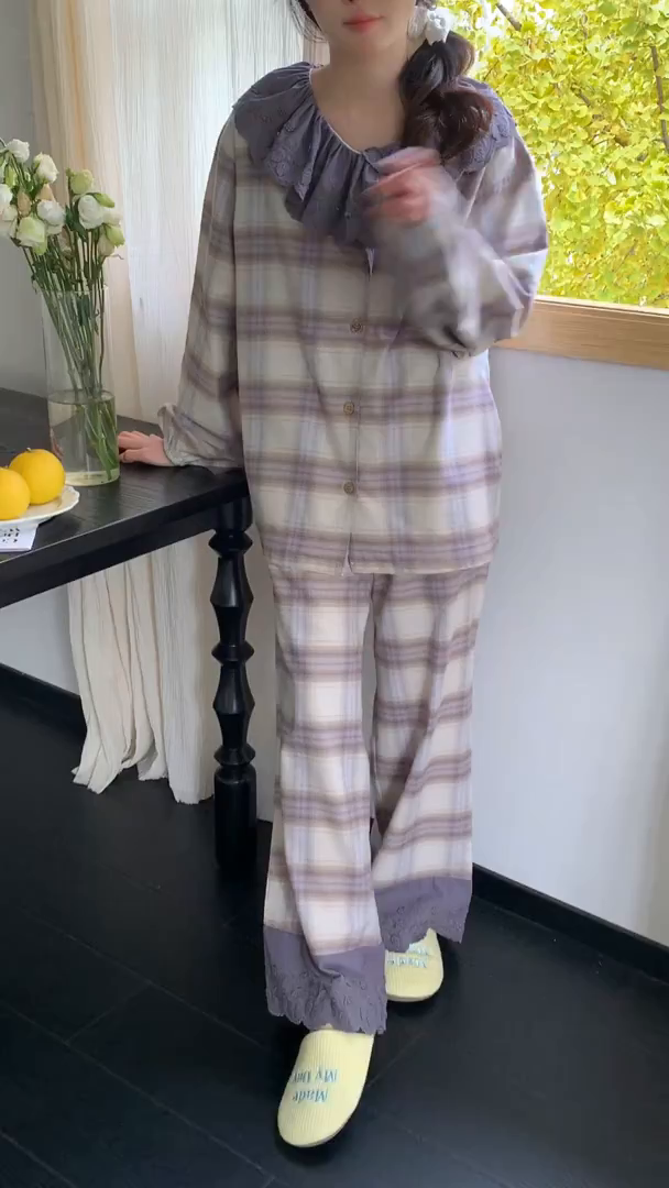 91家纺网 家纺一手货源 找家纺 （总）多乐娜 2025新款纯棉色织法兰绒睡衣家居服双股纱线双面抓剪毛磨毛工艺 (定制定染面料非普货)