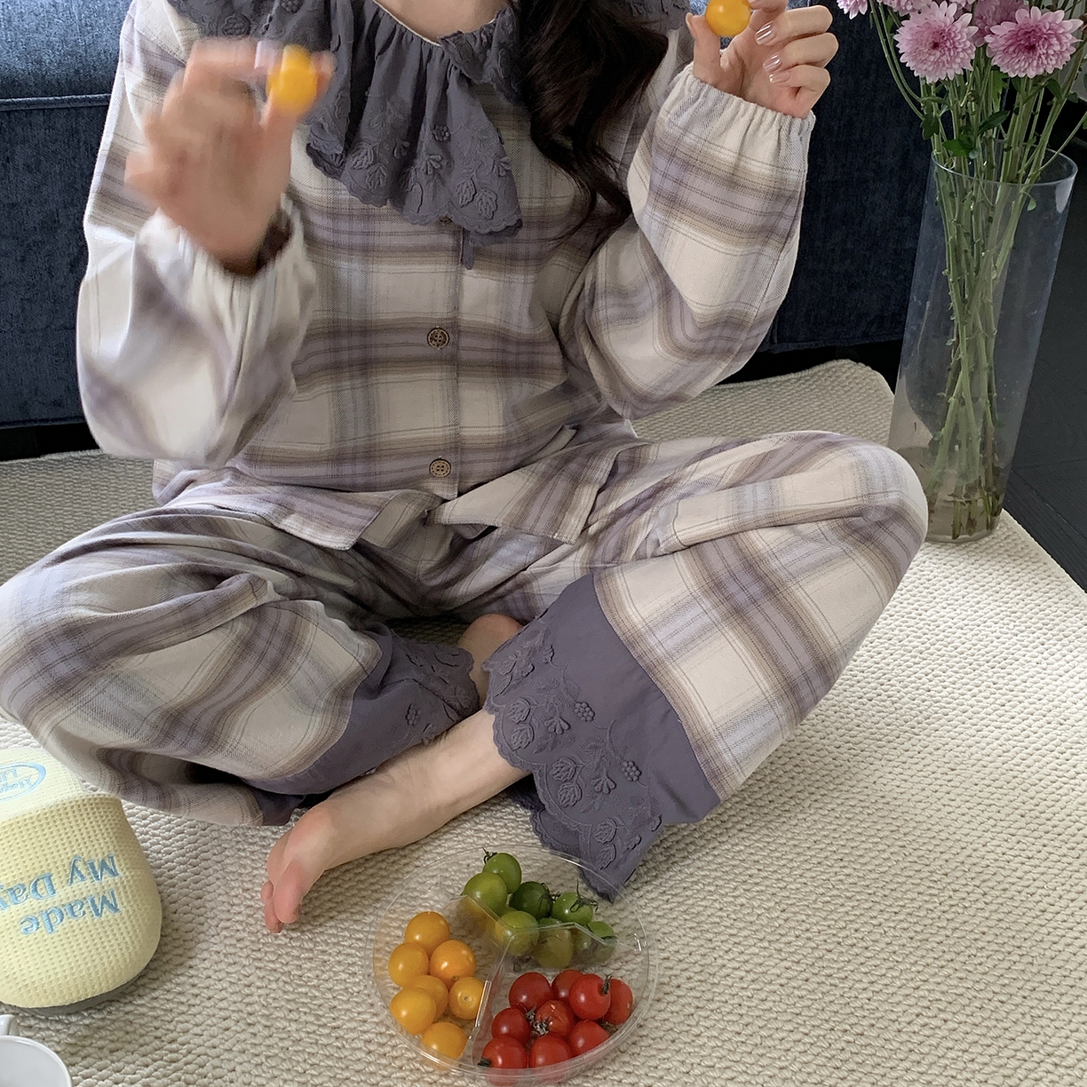 91家纺网 家纺一手货源 找家纺 （总）多乐娜 2025新款纯棉色织法兰绒睡衣家居服双股纱线双面抓剪毛磨毛工艺 (定制定染面料非普货)