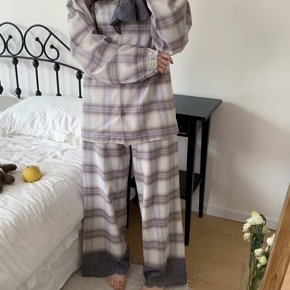 多乐娜 2025新款纯棉色织法兰绒睡衣家居服双股纱线双面抓剪毛磨毛工艺 (定制定染面料非普货) 晴空色