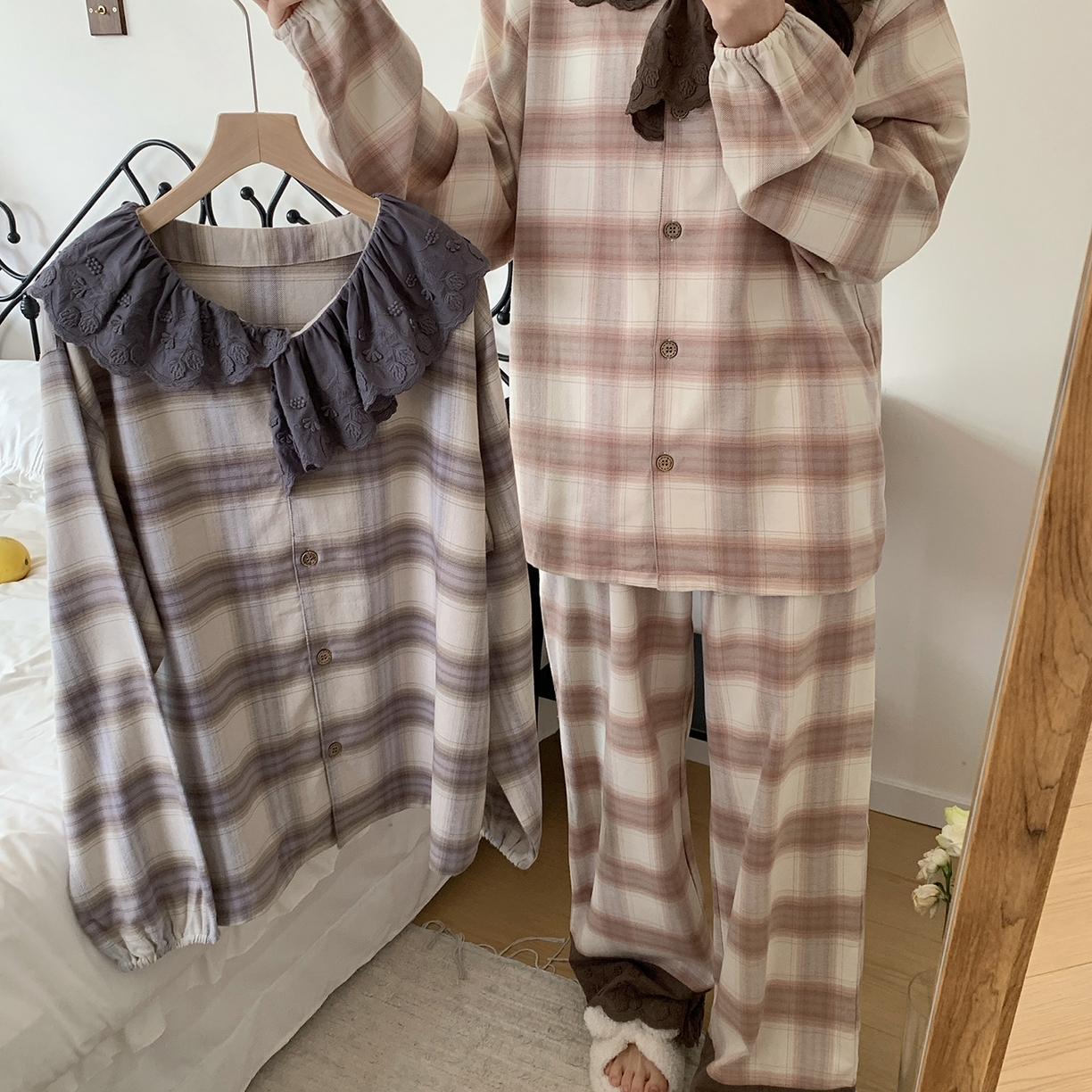 91家纺网 家纺一手货源 找家纺 多乐娜 2025新款纯棉色织法兰绒睡衣家居服双股纱线双面抓剪毛磨毛工艺 (定制定染面料非普货) 晴空色