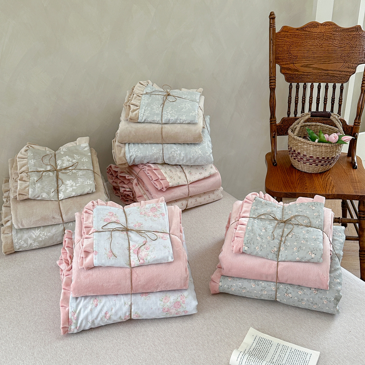 麦伦家居 2025多功能床品全棉纯棉A类有氧双层纱+豆豆绒四件套荷叶边系列 组合图仅供展示不可下单