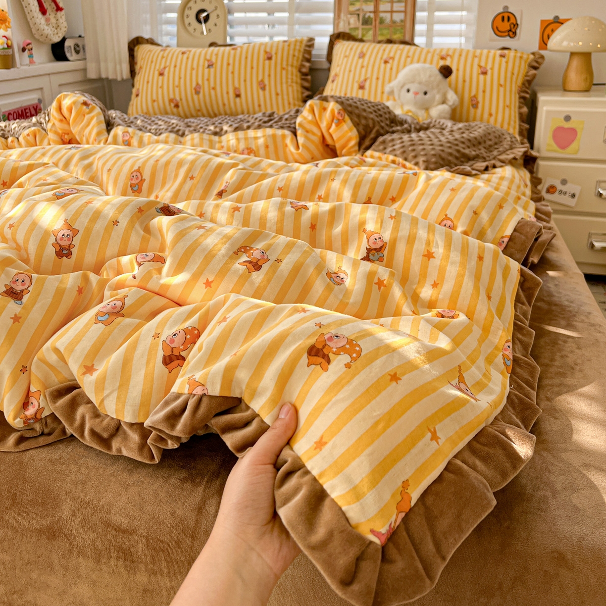 麦伦家居 2025多功能床品全棉纯棉A类有氧双层纱+豆豆绒四件套荷叶边系列 星星人