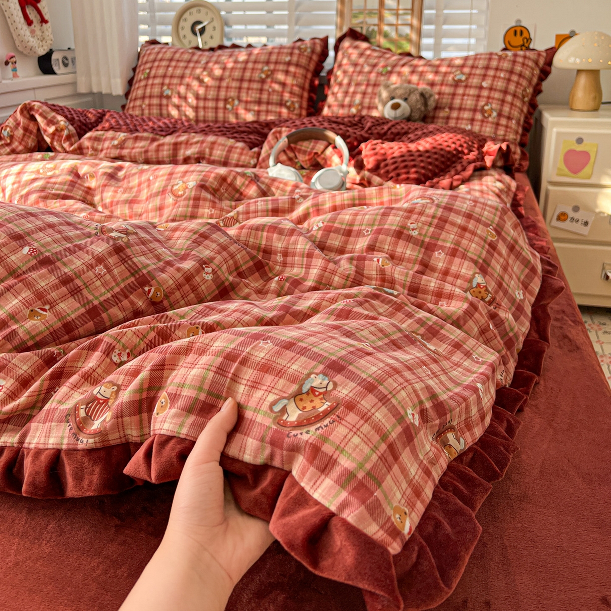 麦伦家居 2025多功能床品全棉纯棉A类有氧双层纱+豆豆绒四件套荷叶边系列 童梦木马