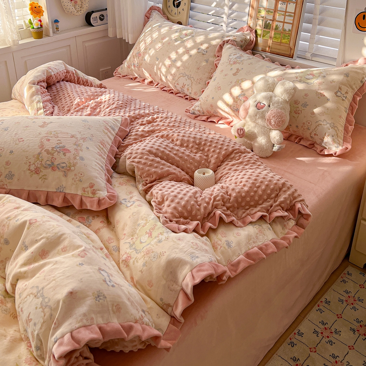 91家纺网 家纺一手货源 找家纺 麦伦家居 2025多功能床品全棉纯棉A类有氧双层纱+豆豆绒四件套荷叶边系列 花田粉兔