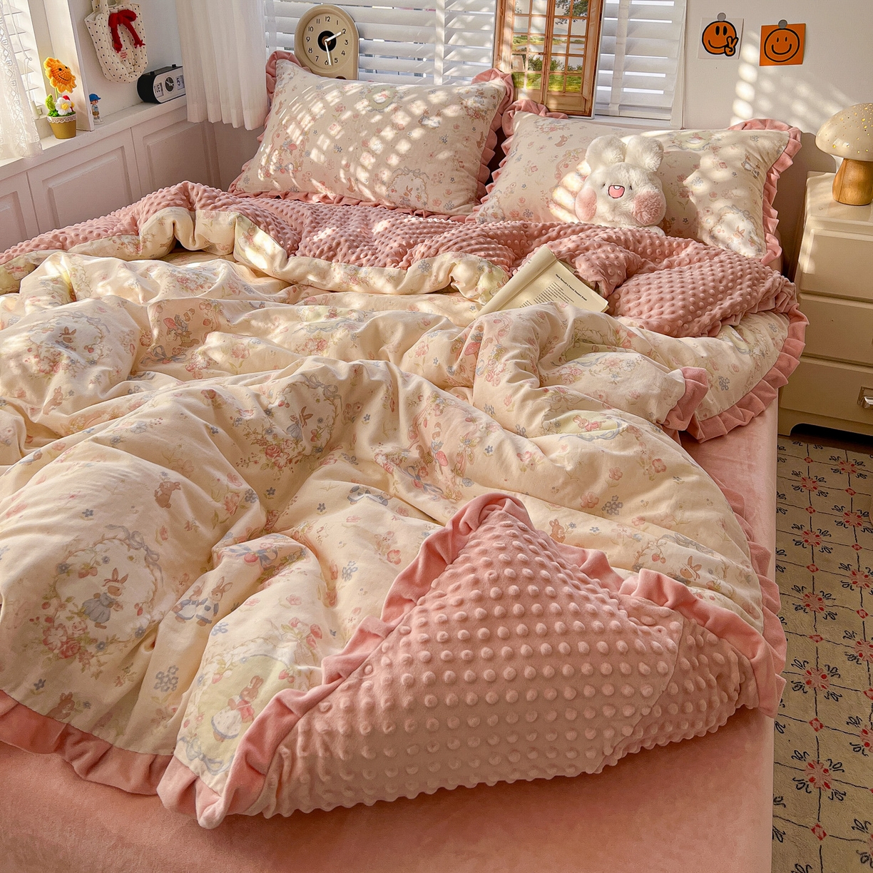 91家纺网 家纺一手货源 找家纺 麦伦家居 2025多功能床品全棉纯棉A类有氧双层纱+豆豆绒四件套荷叶边系列 花田粉兔