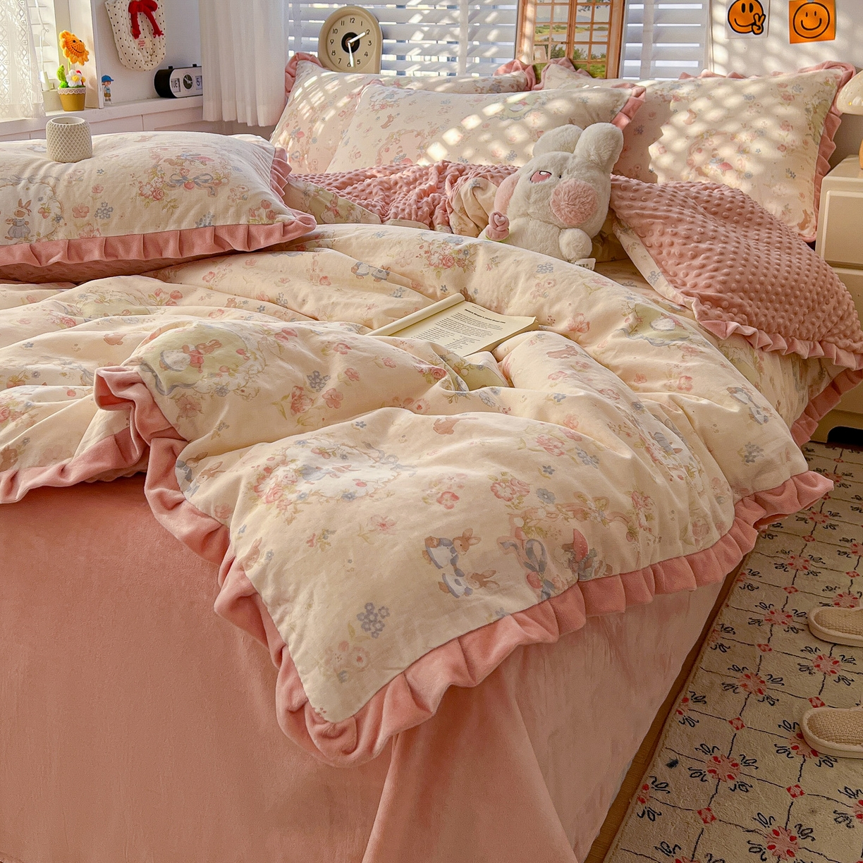 91家纺网 家纺一手货源 找家纺 麦伦家居 2025多功能床品全棉纯棉A类有氧双层纱+豆豆绒四件套荷叶边系列 花田粉兔