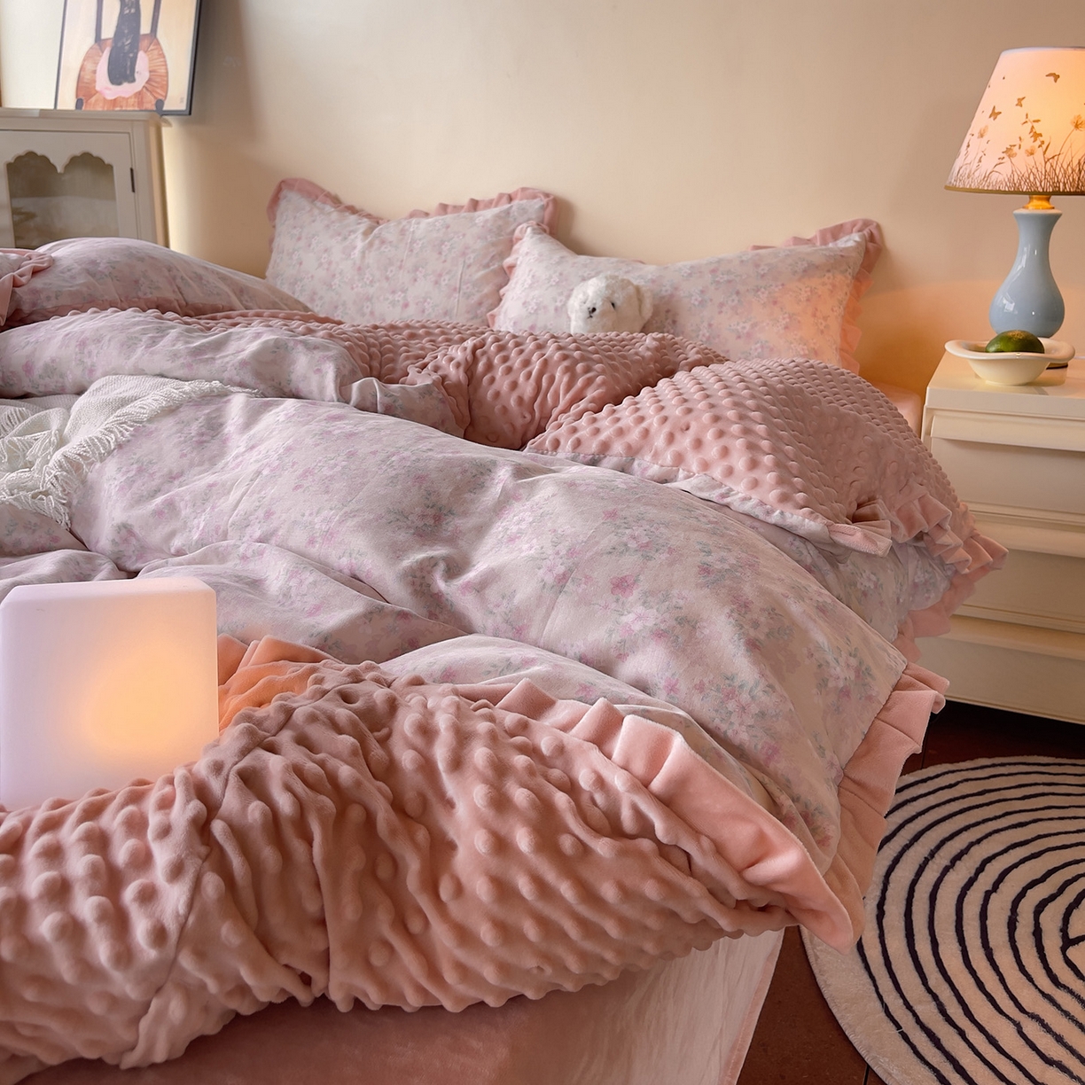 麦伦家居 2025多功能床品全棉纯棉A类有氧双层纱+豆豆绒四件套荷叶边系列 桃夭夭