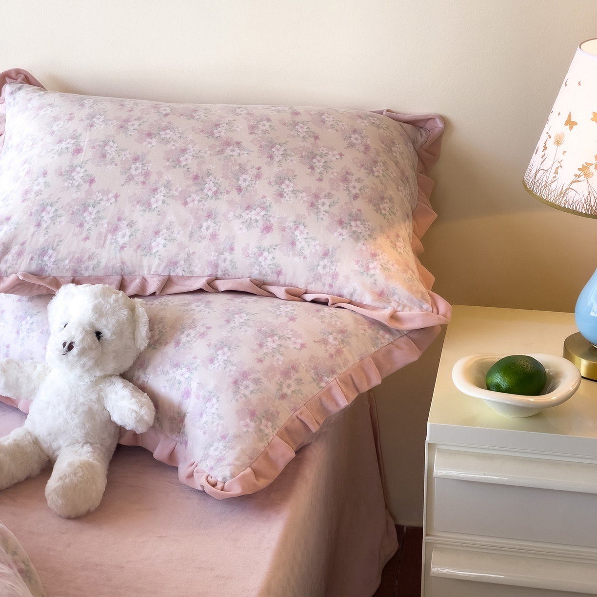 91家纺网 家纺一手货源 找家纺 麦伦家居 2025多功能床品全棉纯棉A类有氧双层纱+豆豆绒四件套荷叶边系列 桃夭夭