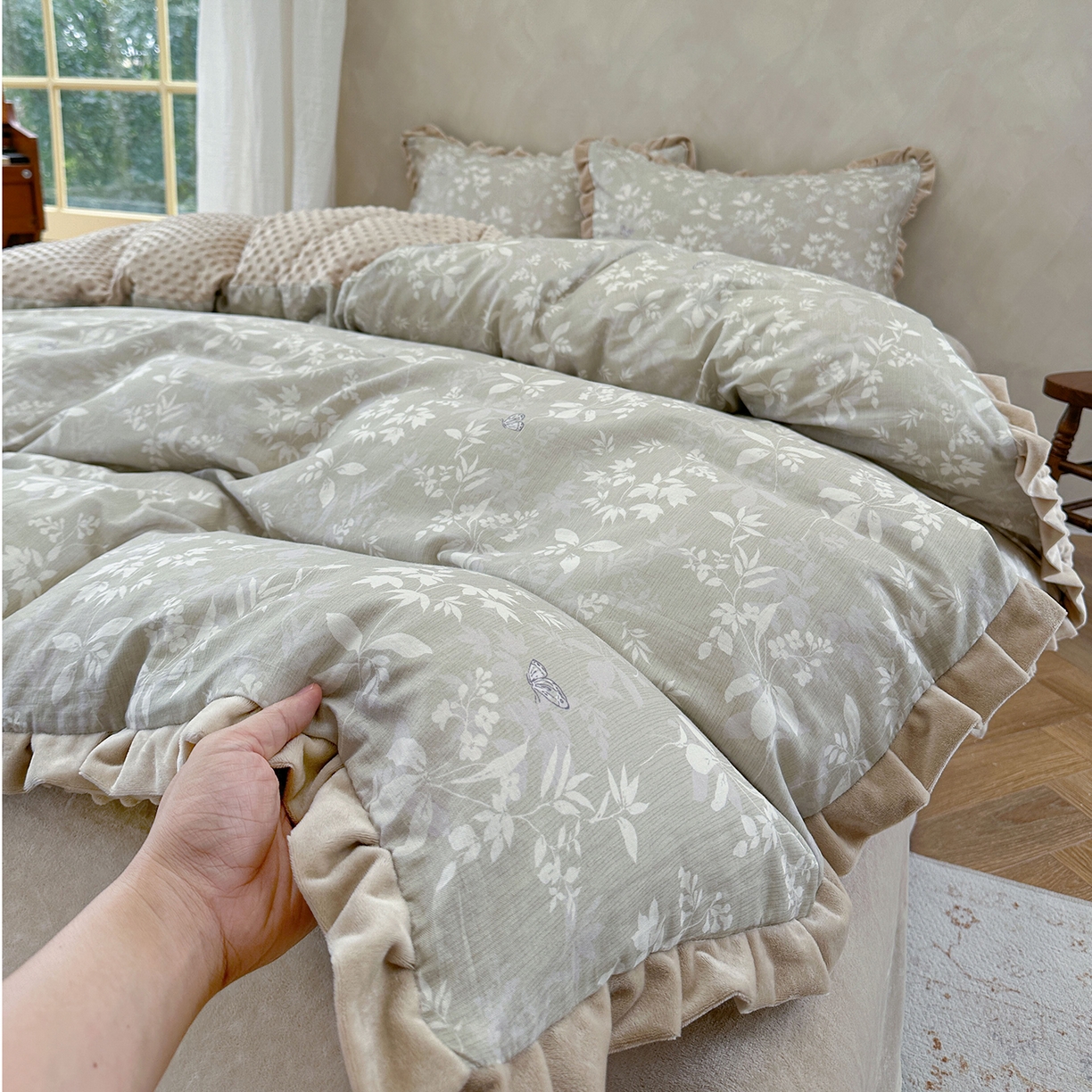 麦伦家居 2025多功能床品全棉纯棉A类有氧双层纱+豆豆绒四件套荷叶边系列 空谷幽兰