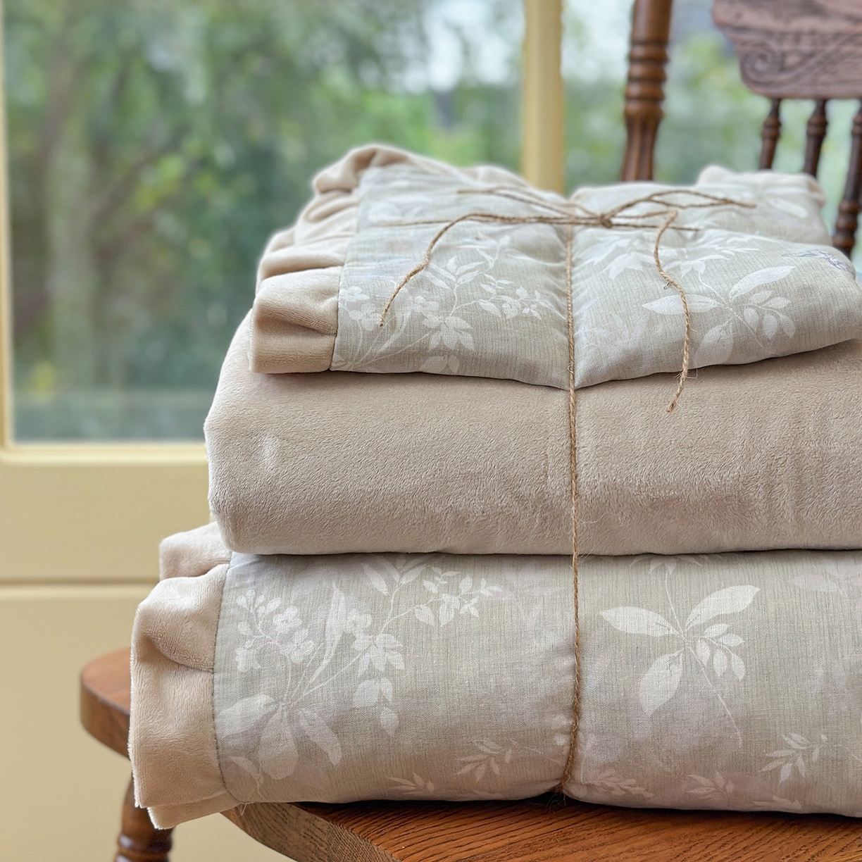 91家纺网 家纺一手货源 找家纺 麦伦家居 2025多功能床品全棉纯棉A类有氧双层纱+豆豆绒四件套荷叶边系列 空谷幽兰