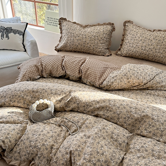 麦伦家居 2025多功能床品全棉纯棉A类有氧双层纱+豆豆绒四件套荷叶边系列 晚秋