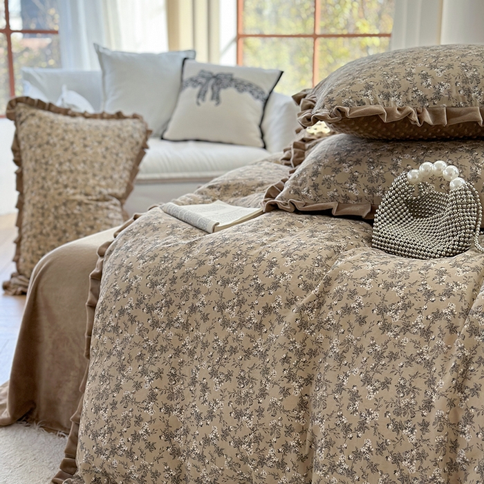 91家纺网 家纺一手货源 找家纺 麦伦家居 2025多功能床品全棉纯棉A类有氧双层纱+豆豆绒四件套荷叶边系列 晚秋