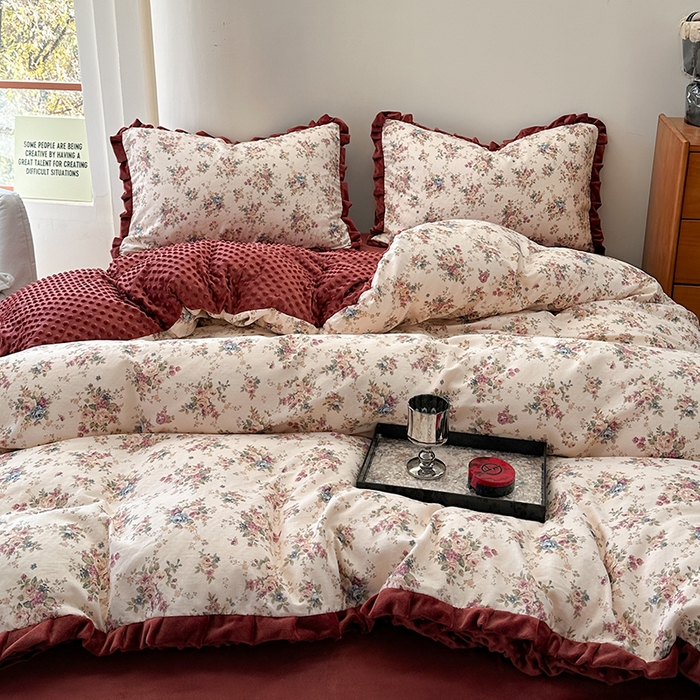 91家纺网 家纺一手货源 找家纺 麦伦家居 2025多功能床品全棉纯棉A类有氧双层纱+豆豆绒四件套荷叶边系列 花棠