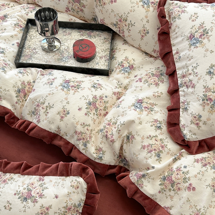91家纺网 家纺一手货源 找家纺 麦伦家居 2025多功能床品全棉纯棉A类有氧双层纱+豆豆绒四件套荷叶边系列 花棠