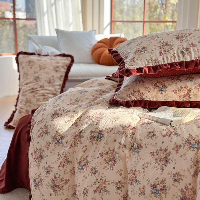 91家纺网 家纺一手货源 找家纺 麦伦家居 2025多功能床品全棉纯棉A类有氧双层纱+豆豆绒四件套荷叶边系列 花棠