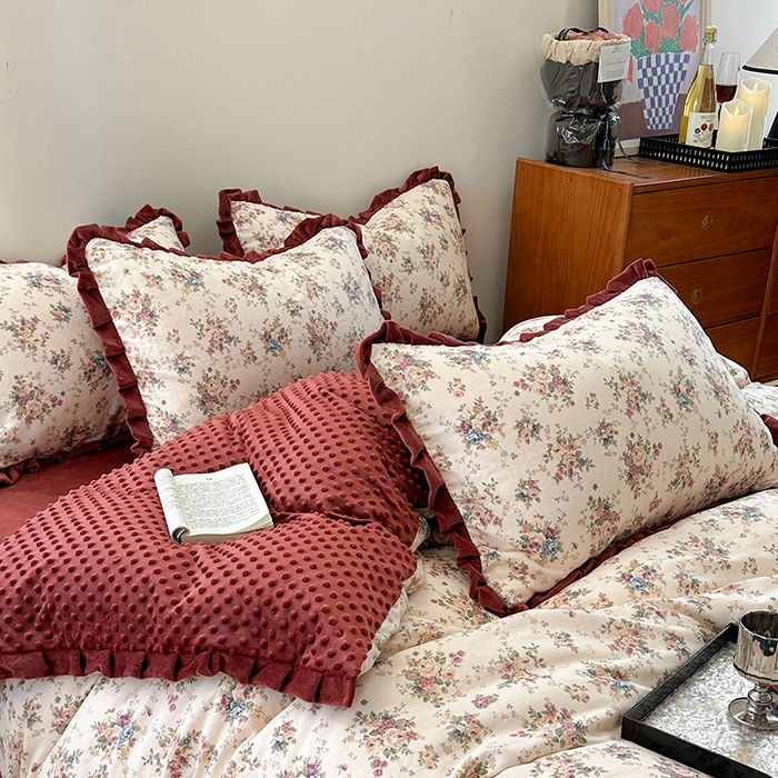 91家纺网 家纺一手货源 找家纺 麦伦家居 2025多功能床品全棉纯棉A类有氧双层纱+豆豆绒四件套荷叶边系列 花棠