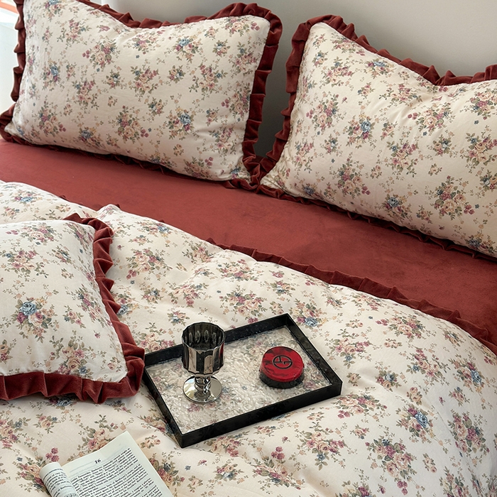 91家纺网 家纺一手货源 找家纺 麦伦家居 2025多功能床品全棉纯棉A类有氧双层纱+豆豆绒四件套荷叶边系列 花棠