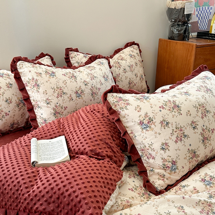 91家纺网 家纺一手货源 找家纺 麦伦家居 2025多功能床品全棉纯棉A类有氧双层纱+豆豆绒四件套荷叶边系列 花棠