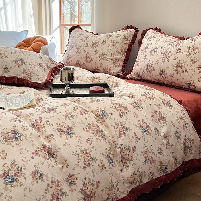 91家纺网 家纺一手货源 找家纺 麦伦家居 2025多功能床品全棉纯棉A类有氧双层纱+豆豆绒四件套荷叶边系列 花棠