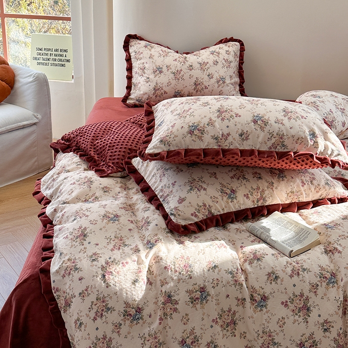 91家纺网 家纺一手货源 找家纺 麦伦家居 2025多功能床品全棉纯棉A类有氧双层纱+豆豆绒四件套荷叶边系列 花棠