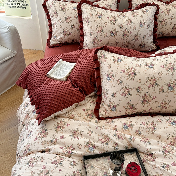 91家纺网 家纺一手货源 找家纺 麦伦家居 2025多功能床品全棉纯棉A类有氧双层纱+豆豆绒四件套荷叶边系列 花棠