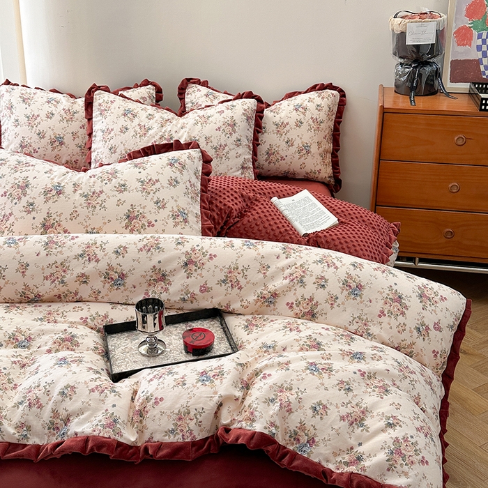 91家纺网 家纺一手货源 找家纺 麦伦家居 2025多功能床品全棉纯棉A类有氧双层纱+豆豆绒四件套荷叶边系列 花棠