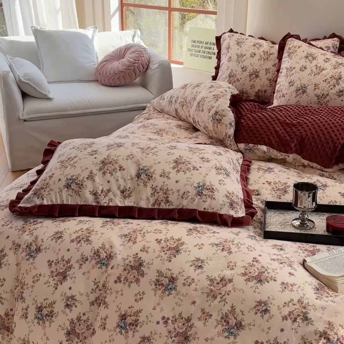 91家纺网 家纺一手货源 找家纺 麦伦家居 2025多功能床品全棉纯棉A类有氧双层纱+豆豆绒四件套荷叶边系列 花棠