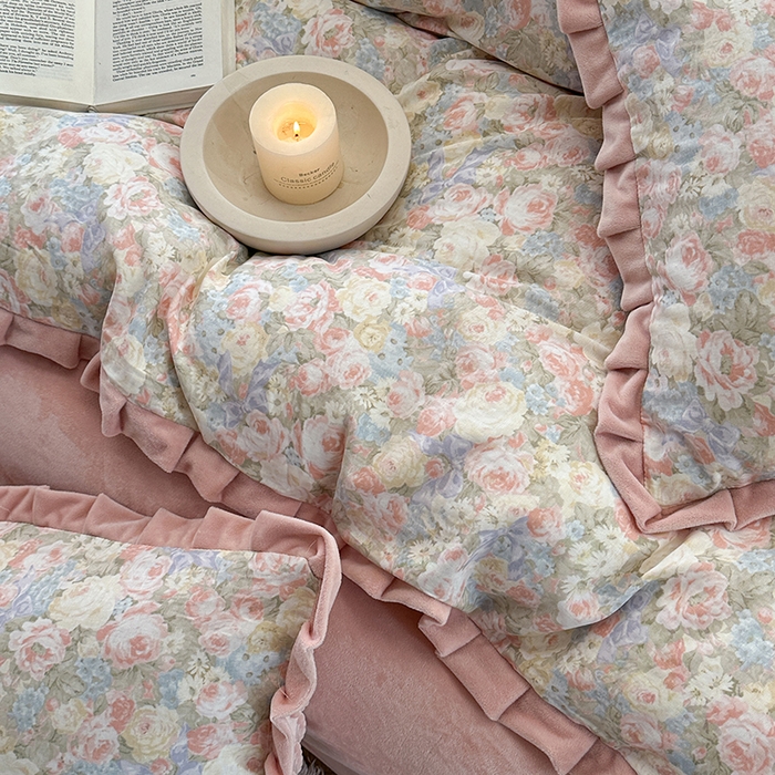 91家纺网 家纺一手货源 找家纺 麦伦家居 2025多功能床品全棉纯棉A类有氧双层纱+豆豆绒四件套荷叶边系列 莫奈花园