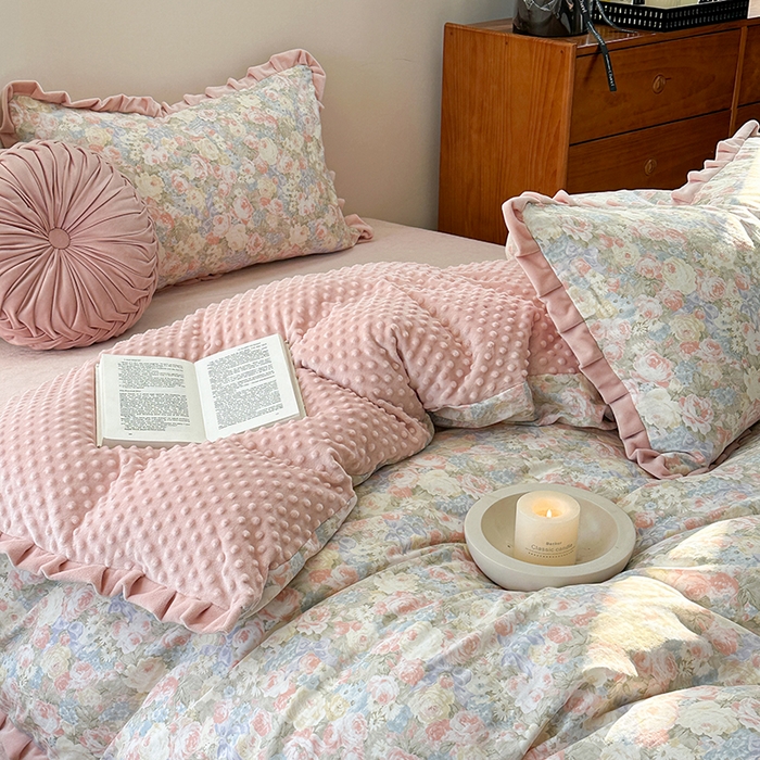 91家纺网 家纺一手货源 找家纺 麦伦家居 2025多功能床品全棉纯棉A类有氧双层纱+豆豆绒四件套荷叶边系列 莫奈花园