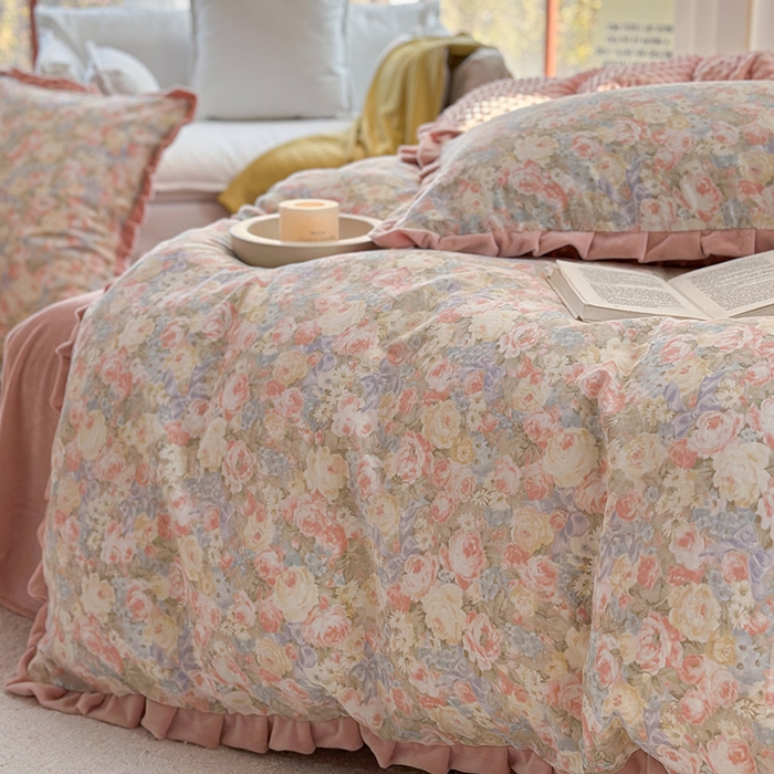 91家纺网 家纺一手货源 找家纺 麦伦家居 2025多功能床品全棉纯棉A类有氧双层纱+豆豆绒四件套荷叶边系列 莫奈花园