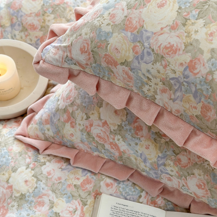 91家纺网 家纺一手货源 找家纺 麦伦家居 2025多功能床品全棉纯棉A类有氧双层纱+豆豆绒四件套荷叶边系列 莫奈花园