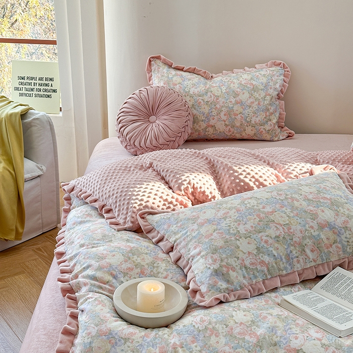 91家纺网 家纺一手货源 找家纺 麦伦家居 2025多功能床品全棉纯棉A类有氧双层纱+豆豆绒四件套荷叶边系列 莫奈花园