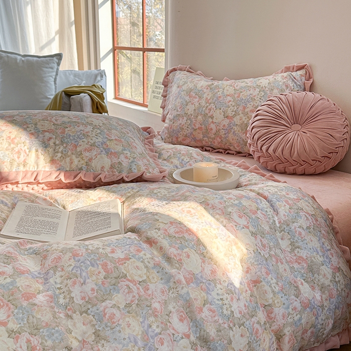 91家纺网 家纺一手货源 找家纺 麦伦家居 2025多功能床品全棉纯棉A类有氧双层纱+豆豆绒四件套荷叶边系列 莫奈花园