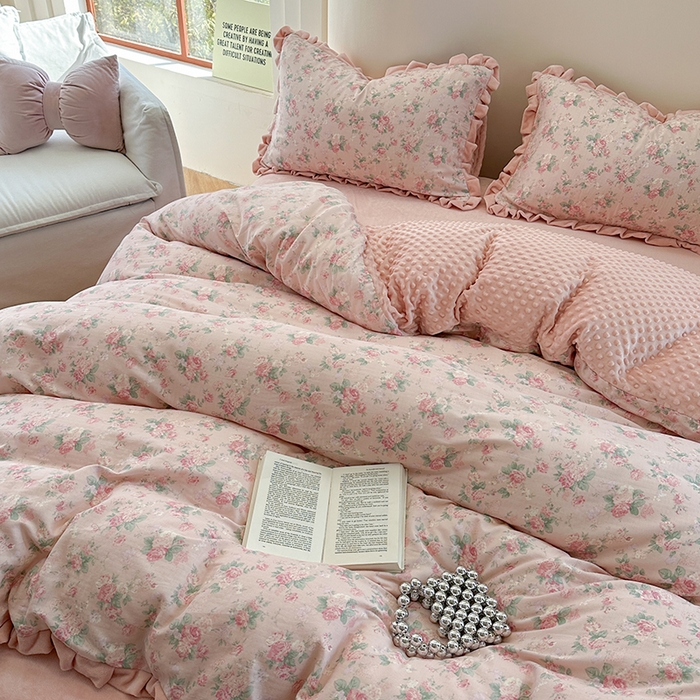 麦伦家居 2025多功能床品全棉纯棉A类有氧双层纱+豆豆绒四件套荷叶边系列 蒂芙尼-粉
