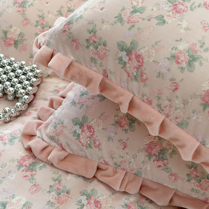 91家纺网 家纺一手货源 找家纺 麦伦家居 2025多功能床品全棉纯棉A类有氧双层纱+豆豆绒四件套荷叶边系列 蒂芙尼-粉