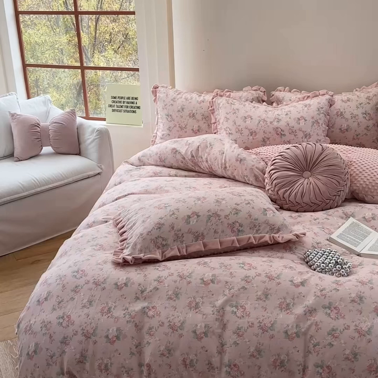 91家纺网 家纺一手货源 找家纺 麦伦家居 2025多功能床品全棉纯棉A类有氧双层纱+豆豆绒四件套荷叶边系列 蒂芙尼-粉