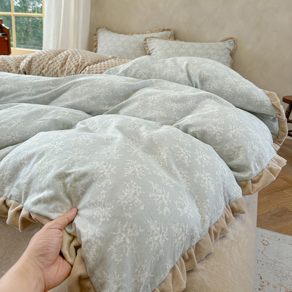 麦伦家居 2025多功能床品全棉纯棉A类有氧双层纱+豆豆绒四件套荷叶边系列 青芜