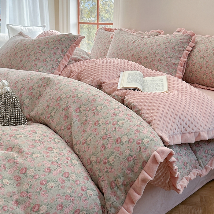 麦伦家居 2025多功能床品全棉纯棉A类有氧双层纱+豆豆绒四件套荷叶边系列 花样年华