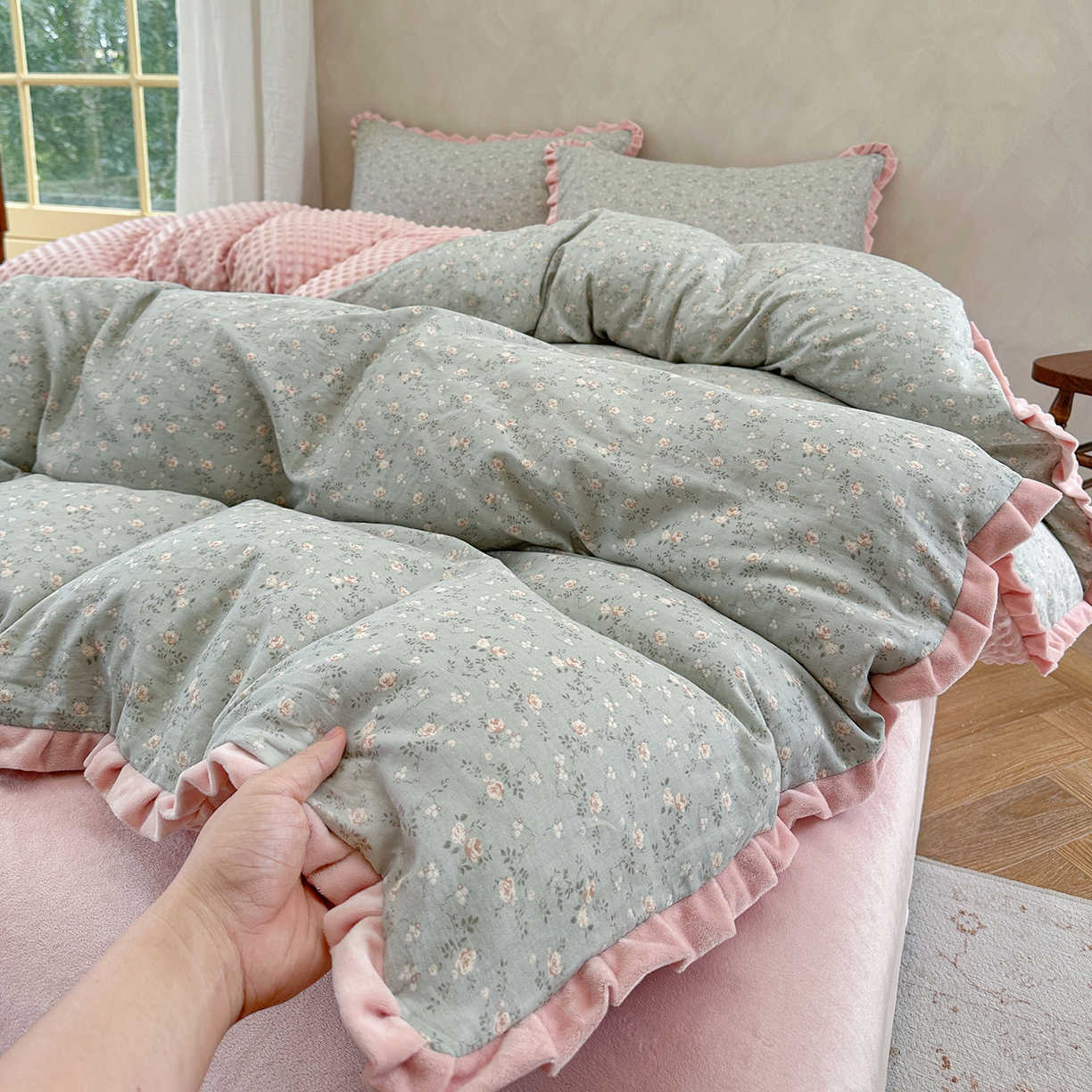 麦伦家居 2025多功能床品全棉纯棉A类有氧双层纱+豆豆绒四件套荷叶边系列 椿野