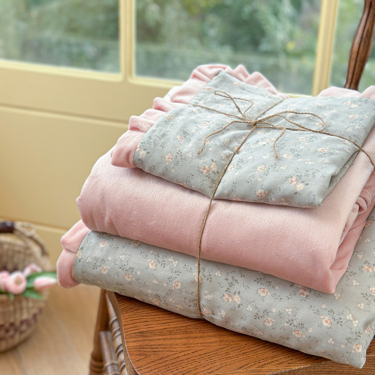 91家纺网 家纺一手货源 找家纺 麦伦家居 2025多功能床品全棉纯棉A类有氧双层纱+豆豆绒四件套荷叶边系列 椿野