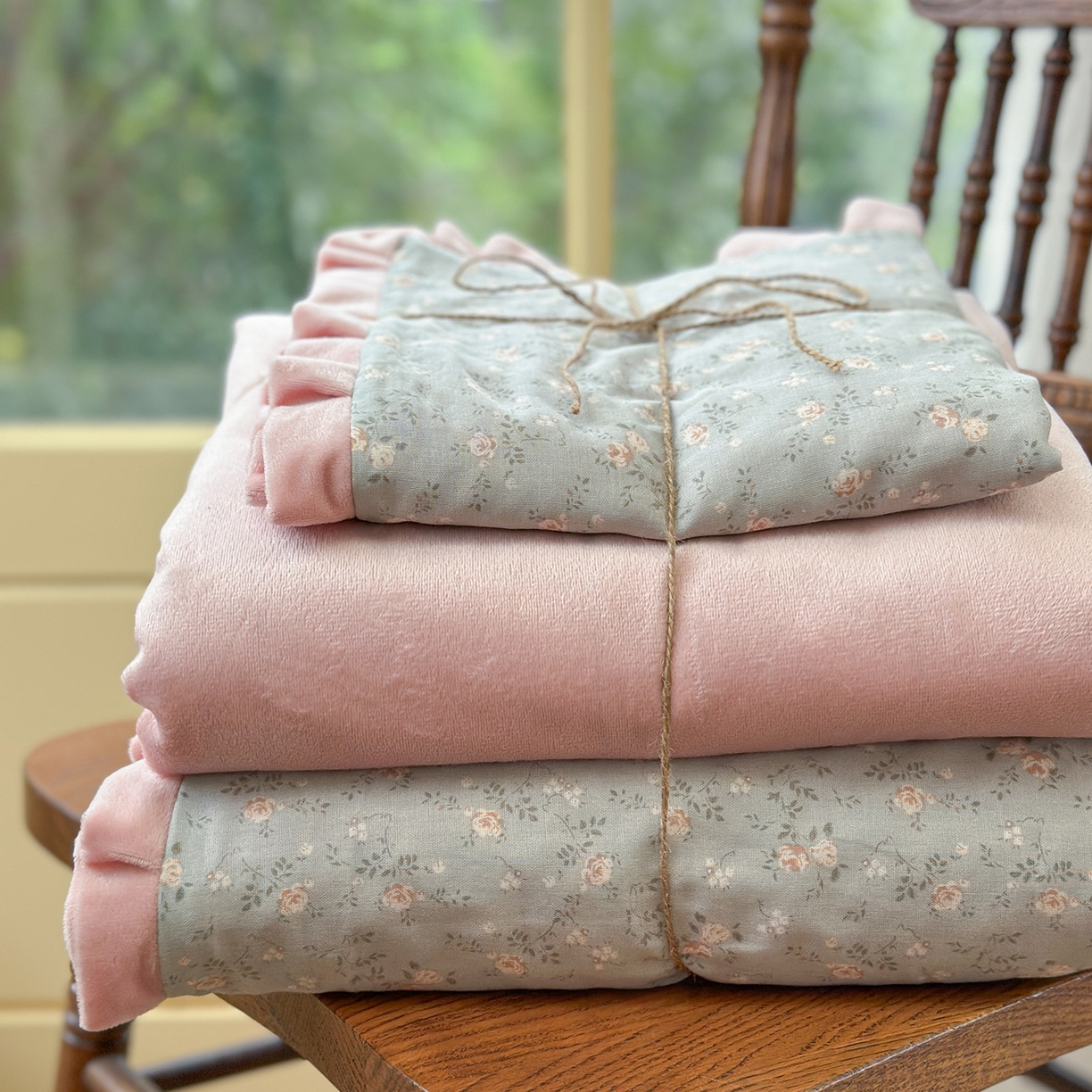 91家纺网 家纺一手货源 找家纺 麦伦家居 2025多功能床品全棉纯棉A类有氧双层纱+豆豆绒四件套荷叶边系列 椿野