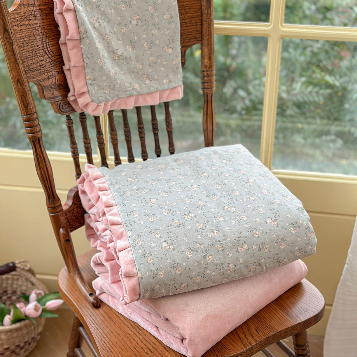 91家纺网 家纺一手货源 找家纺 麦伦家居 2025多功能床品全棉纯棉A类有氧双层纱+豆豆绒四件套荷叶边系列 椿野