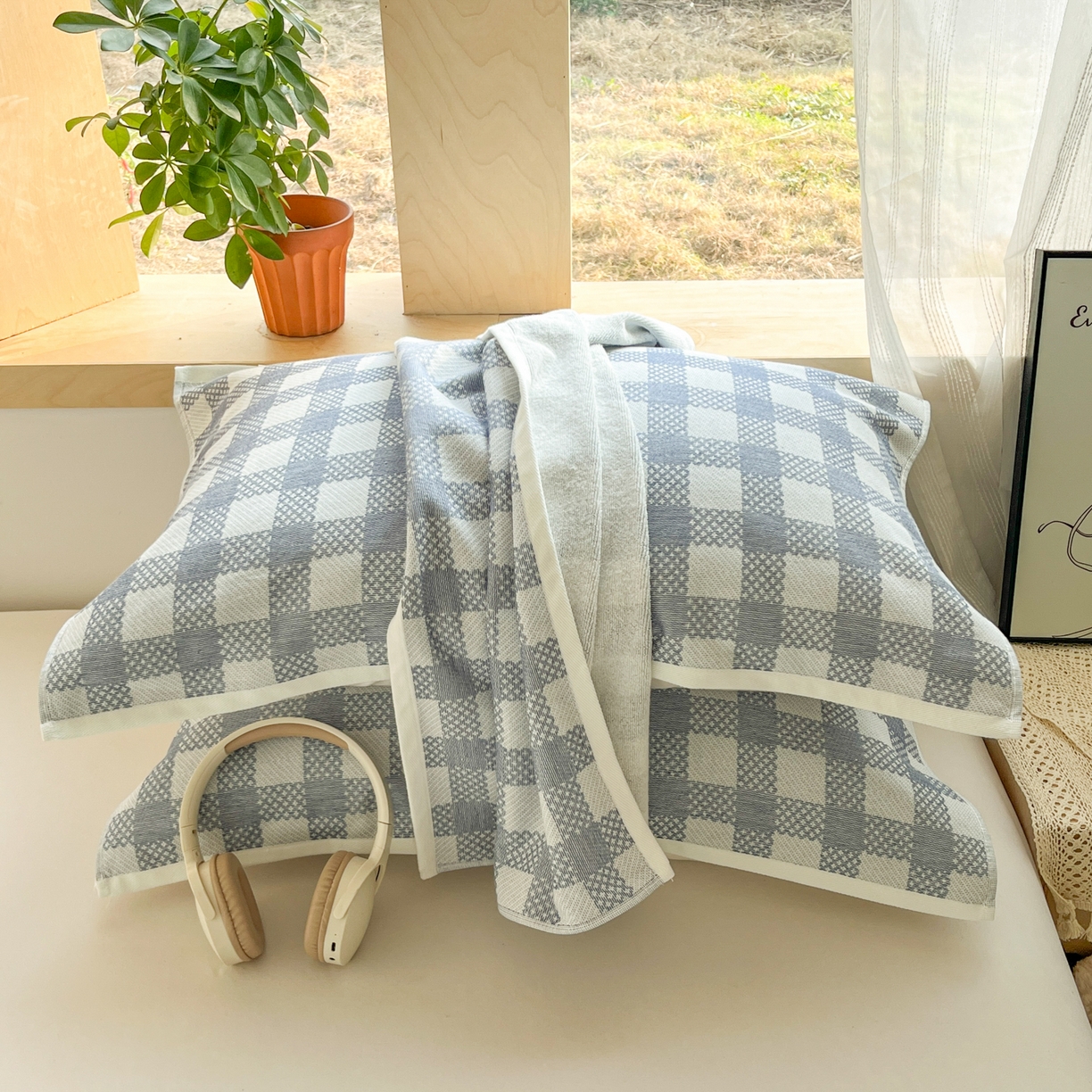 91家纺网 家纺一手货源 找家纺 美宜家 2025新品全棉枕巾简约无印双人单人织边里外棉枕巾 念想-兰 48*74cm一对