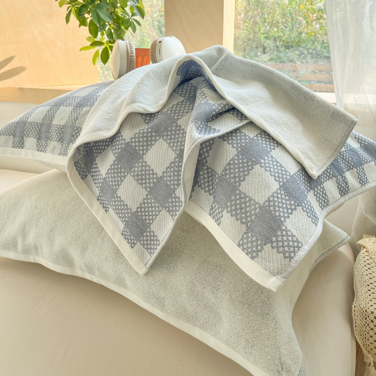 91家纺网 家纺一手货源 找家纺 美宜家 2025新品全棉枕巾简约无印双人单人织边里外棉枕巾 念想-兰 48*74cm一只