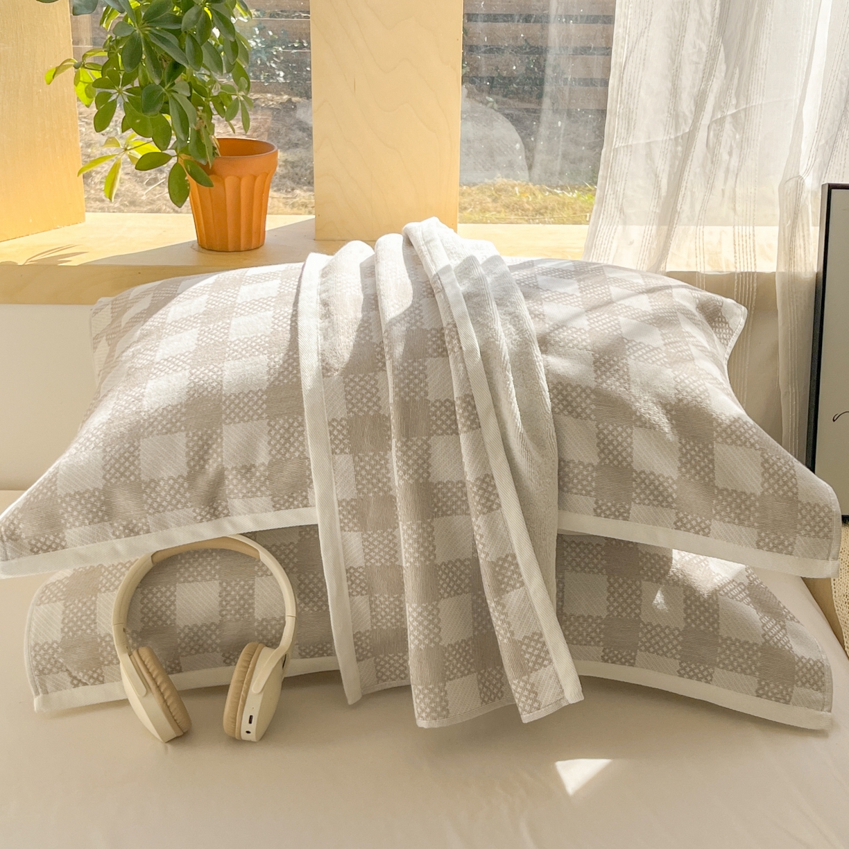 91家纺网 家纺一手货源 找家纺 美宜家 2025新品全棉枕巾简约无印双人单人织边里外棉枕巾 念想-灰 48*74cm一对