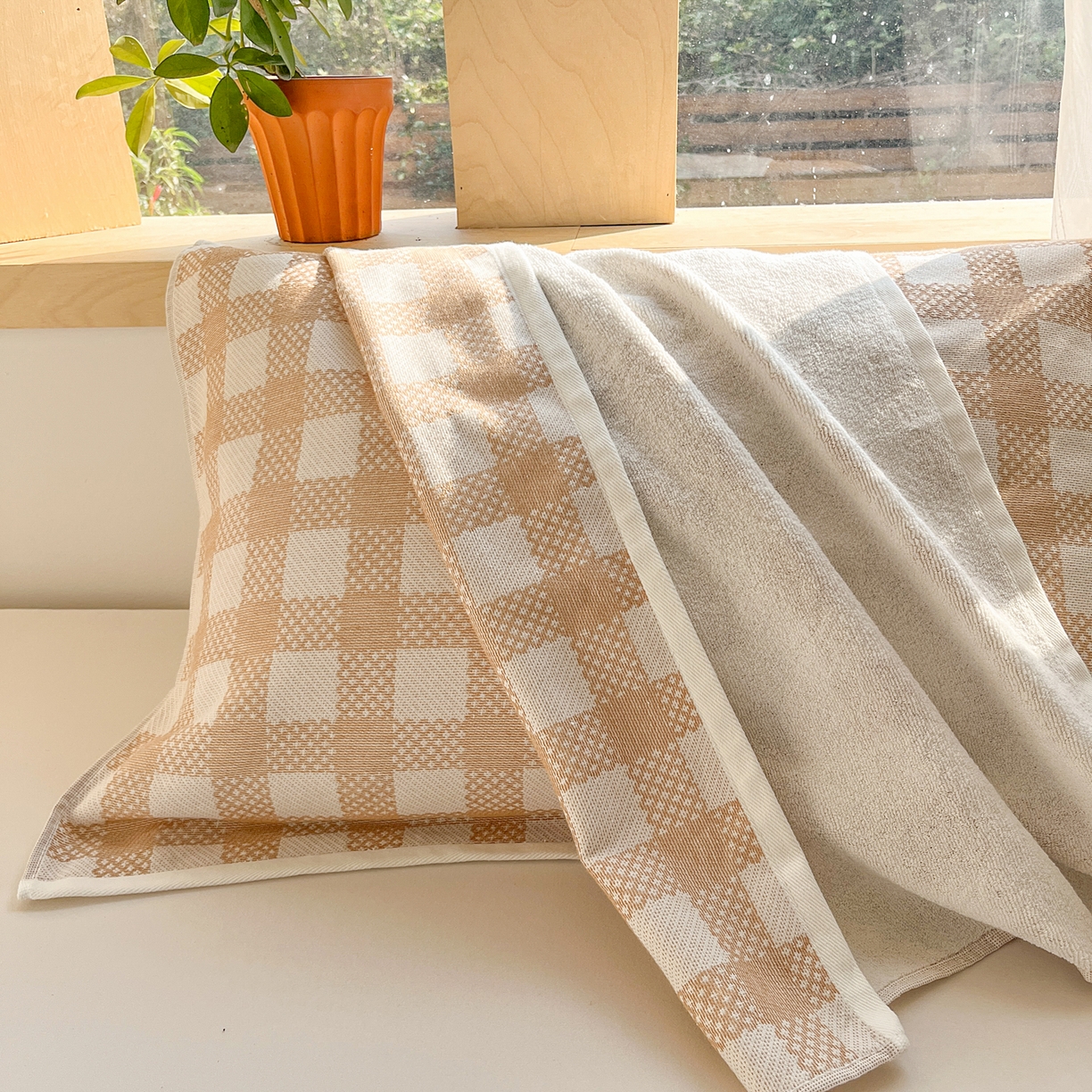 91家纺网 家纺一手货源 找家纺 美宜家 2025新品全棉枕巾简约无印双人单人织边里外棉枕巾 念想-卡其 48*74cm一对